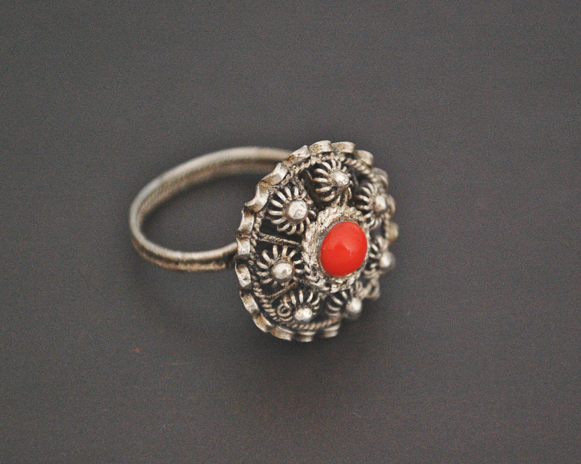 Croatian Coral Filigree Ring - Size 6.5