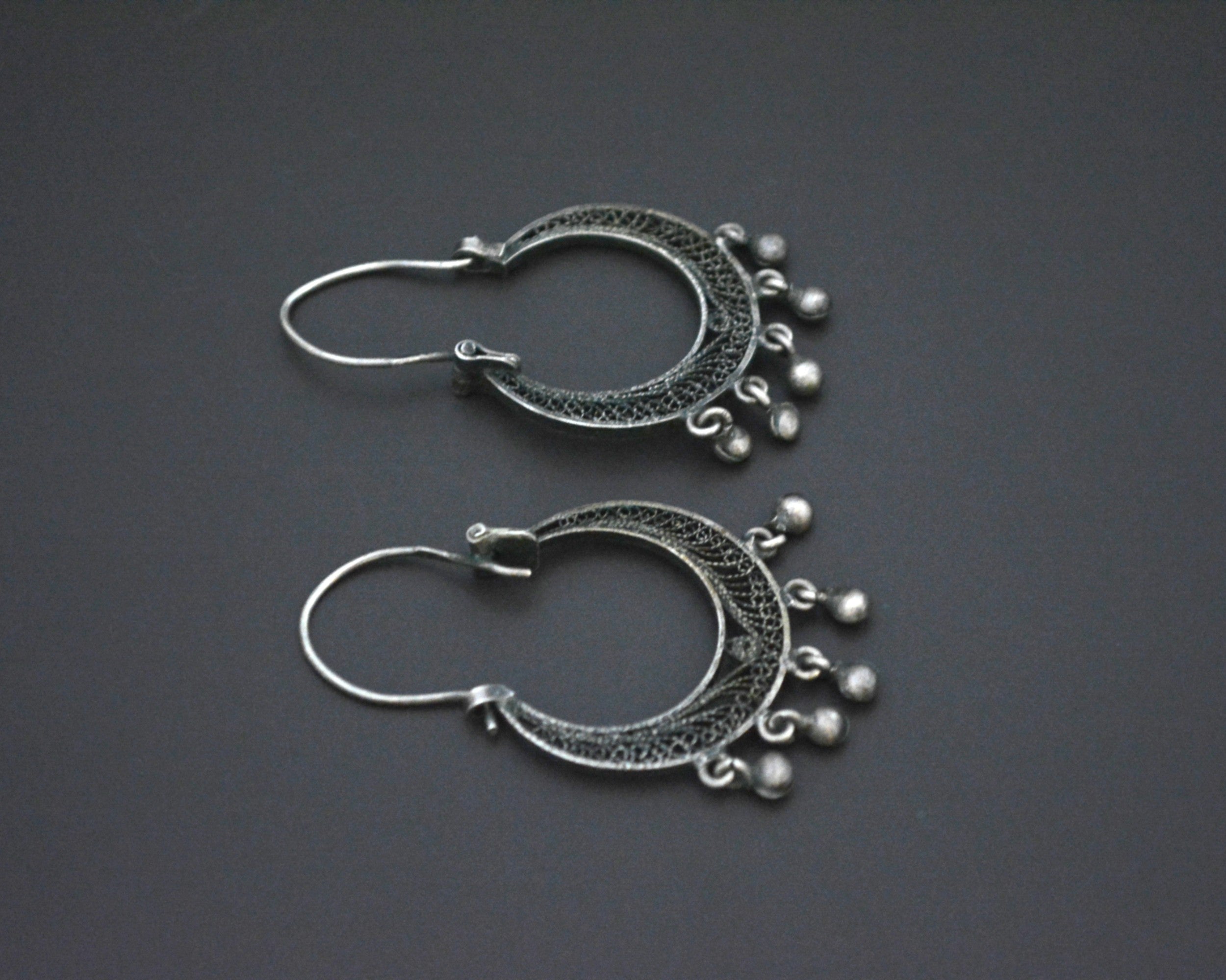 Filigree Silver Hoop Earrings with Bells