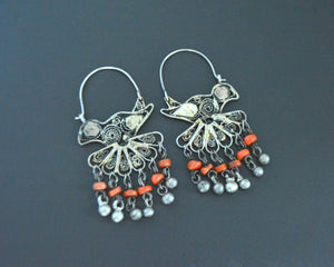 Uzbek Bird Earrings with Turquoise and Coral
