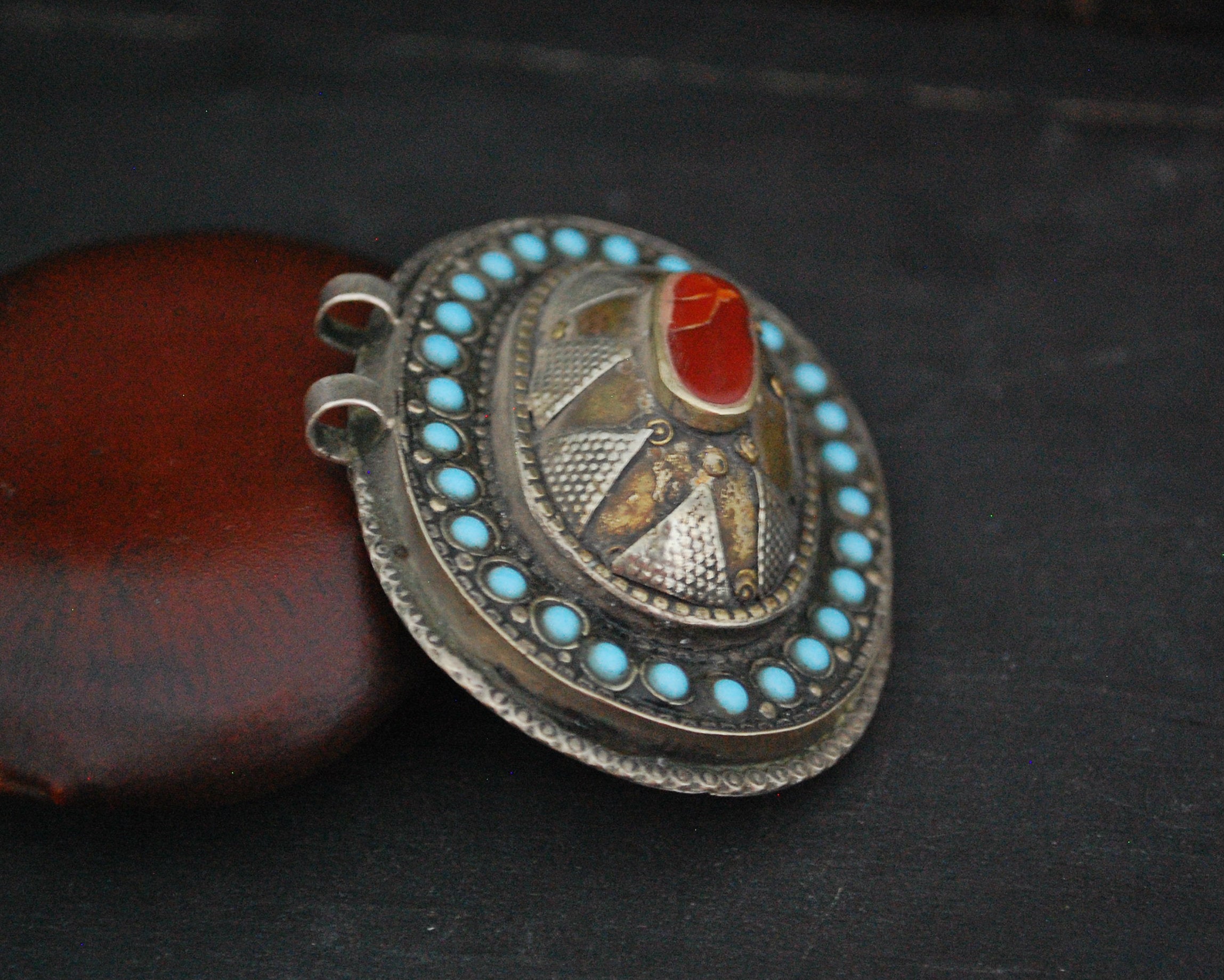 Kazakh Gilded Pendant with Carnelian and Turquoise