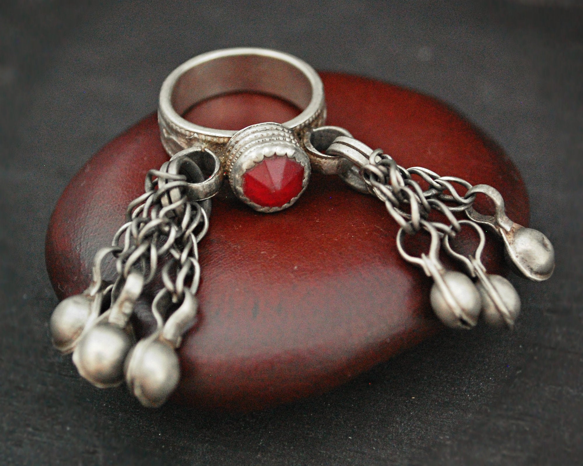 Old Afghani Glass Ring with Tassels - Size 7