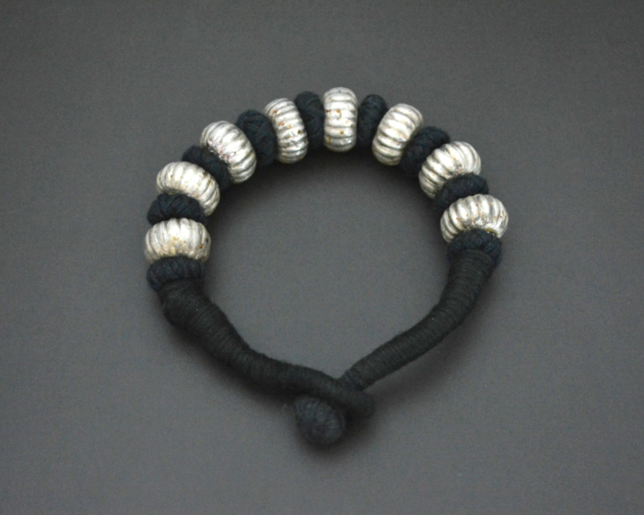 Rajasthani Silver Wax Beads Cotton Bracelet - Black - MEDIUM