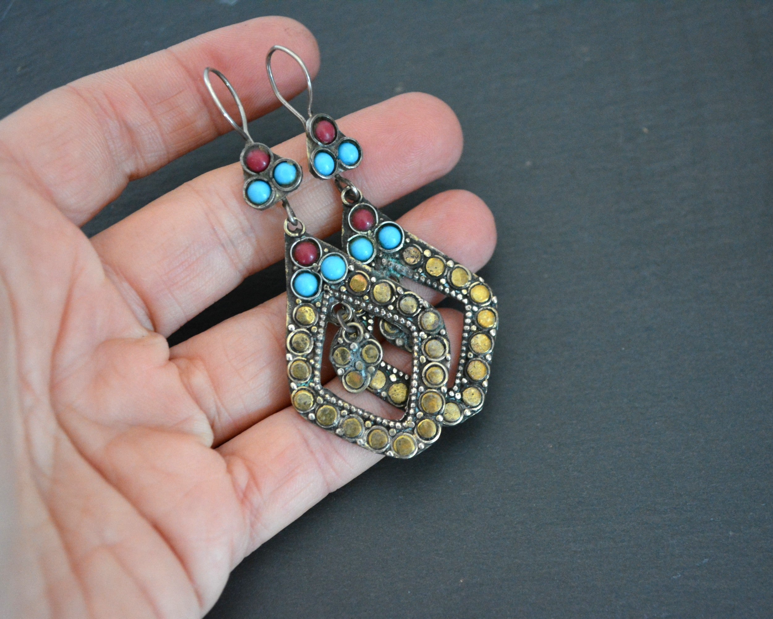 Afghani Silver Gilded Earrings Stones