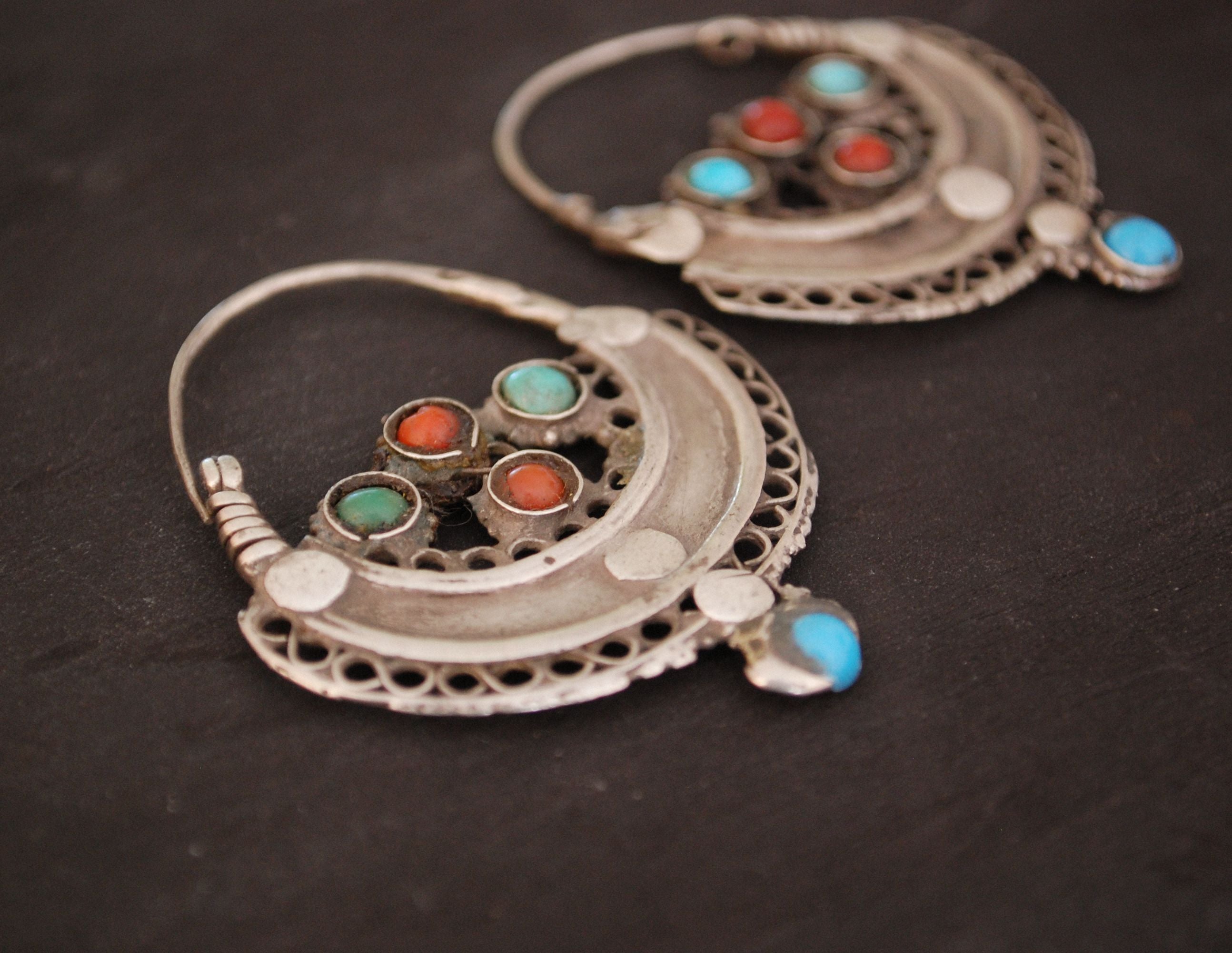 Antique Afghani Hoop Earrings with Turquoise and Coral