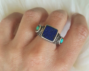 Tibetan Turquoise and Lapis Lazuli Ring - Size 7.75 / 8