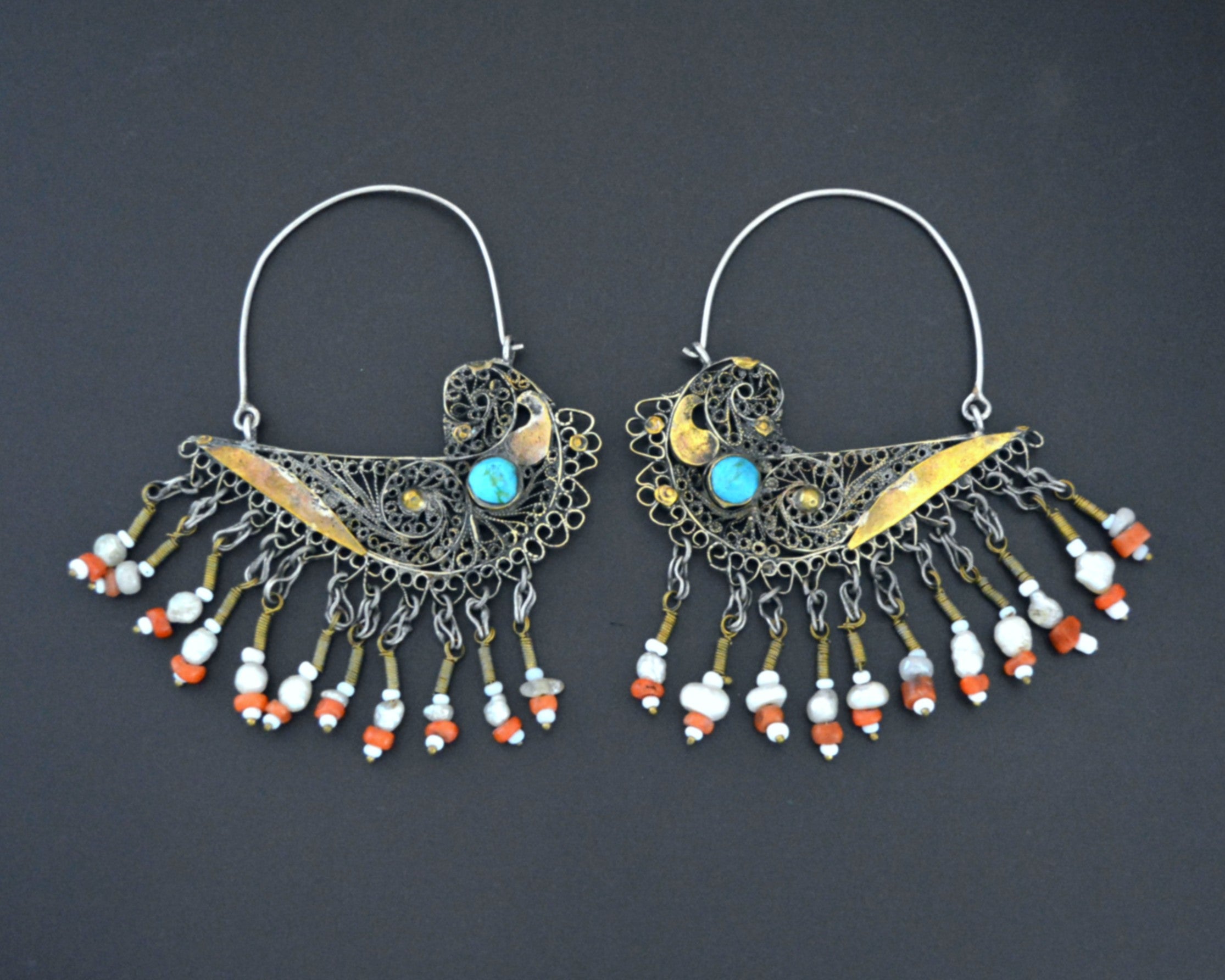 Uzbek Gilded Bird Earrings with Turquoise, Coral and Pearls
