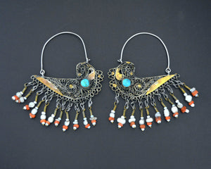 Uzbek Gilded Bird Earrings with Turquoise, Coral and Pearls