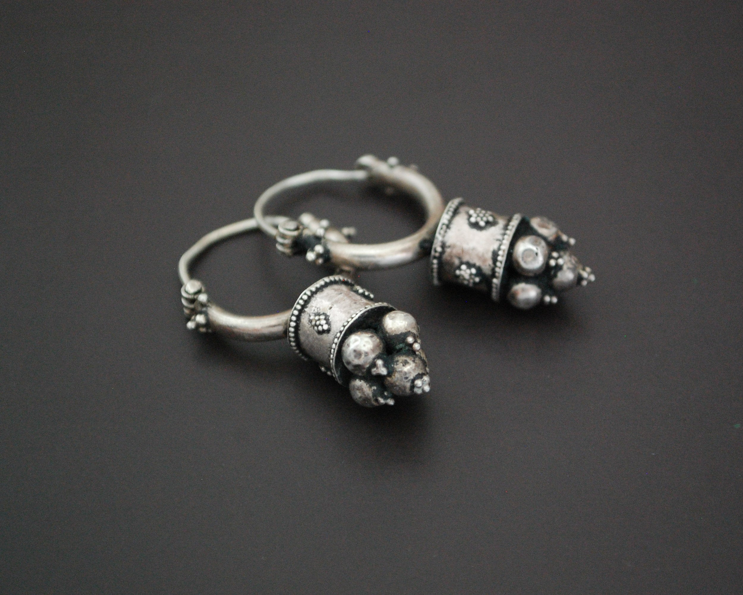 Uzbek Silver Hoop Earrings with Decorations