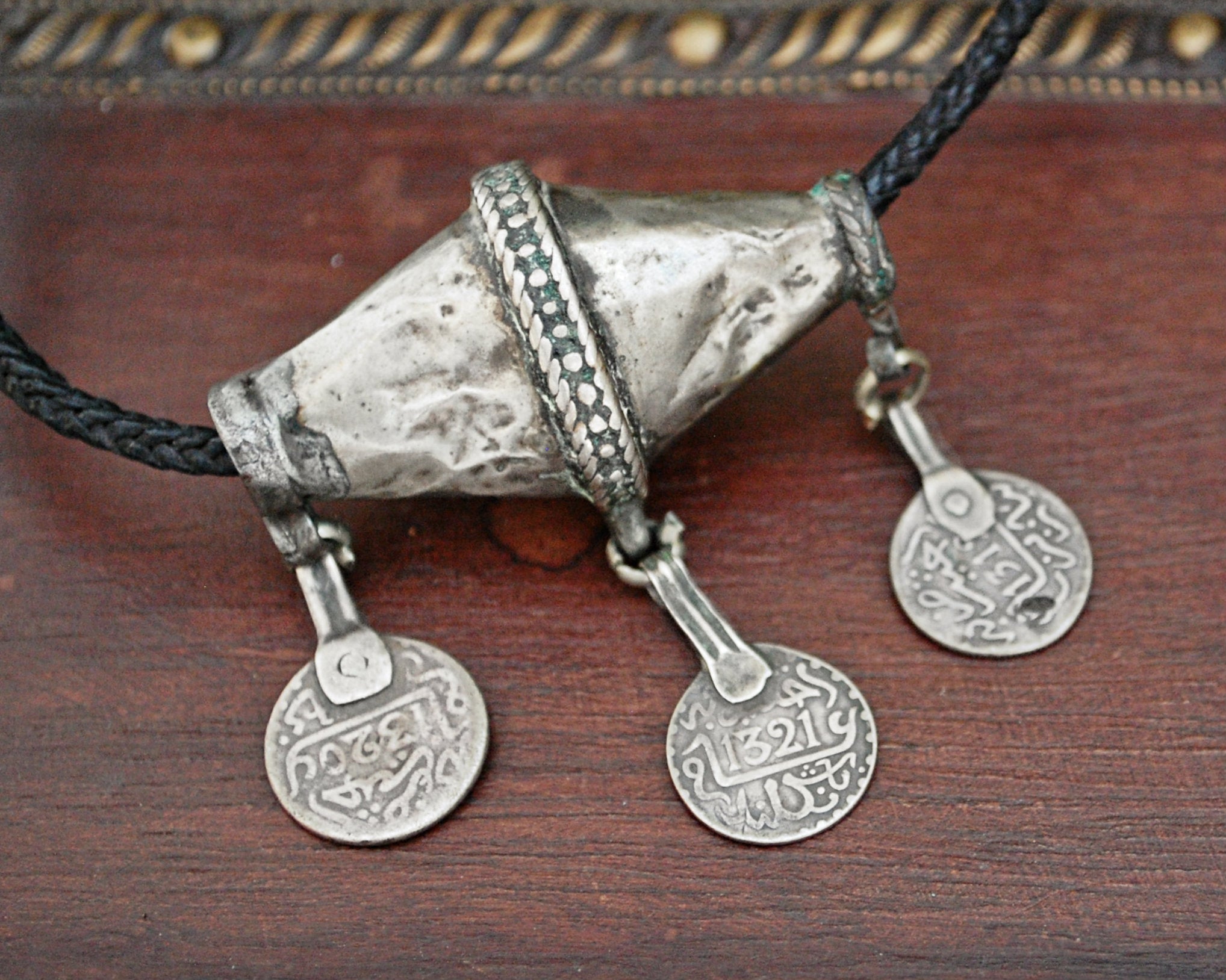 Berber Silver Bead Pendant with Coins