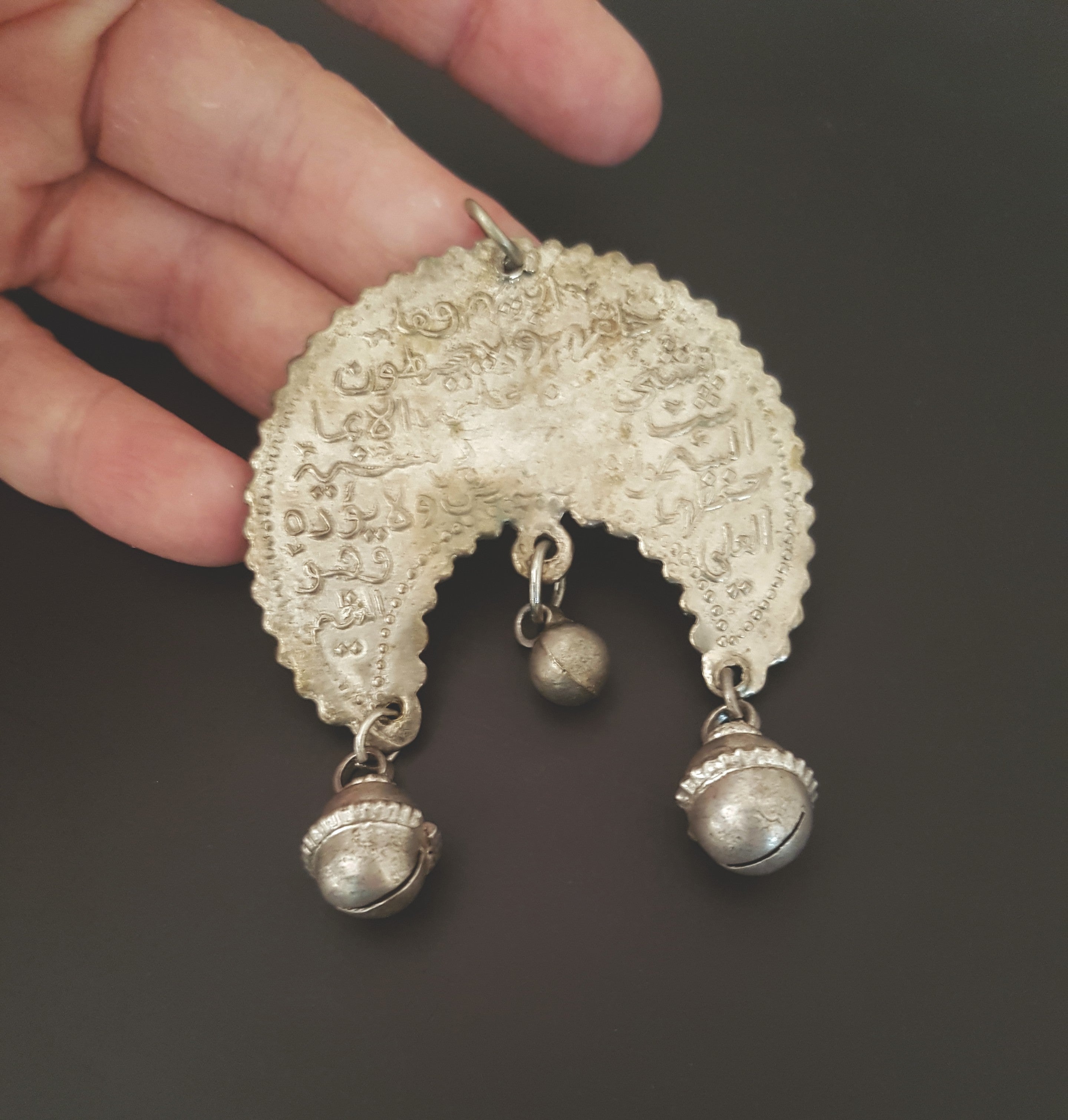 Old Crescent Arabic Script Pendant with Dangles