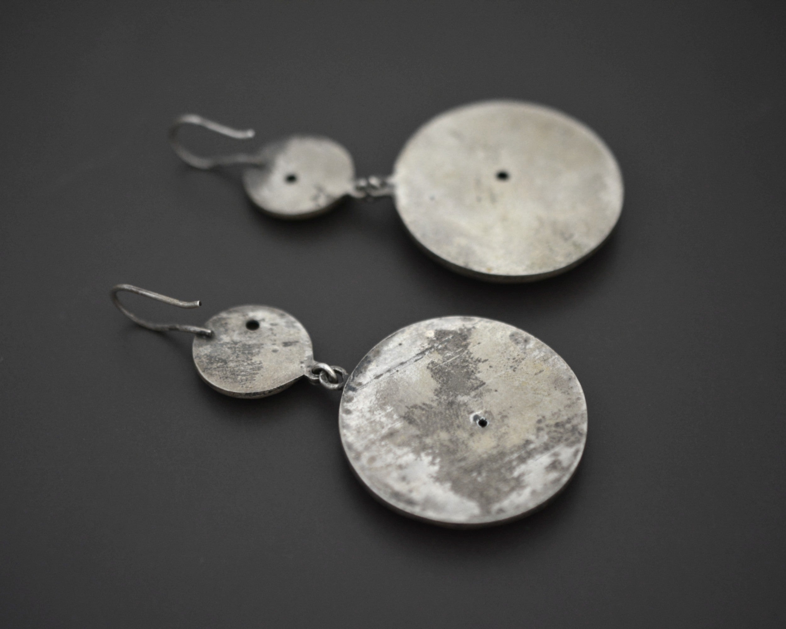 Large Indian Silver Disc Dangle Earrings