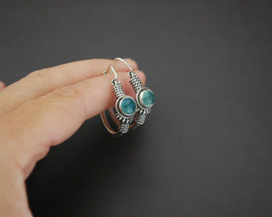 Ethnic Bali Hoop Earrings with Blue Stone