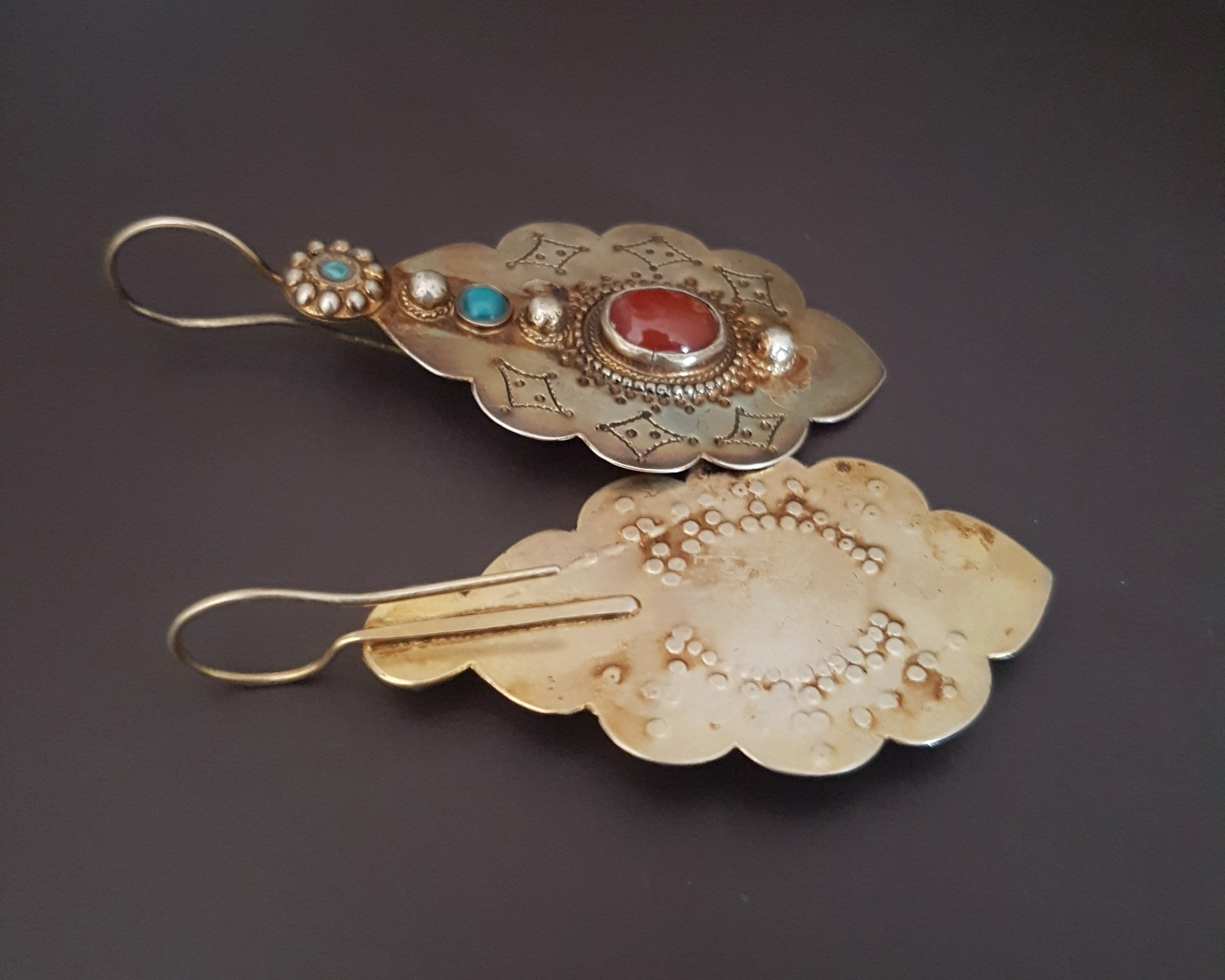 Gilded Turkmen Earrings with Carnelian and Turquoise