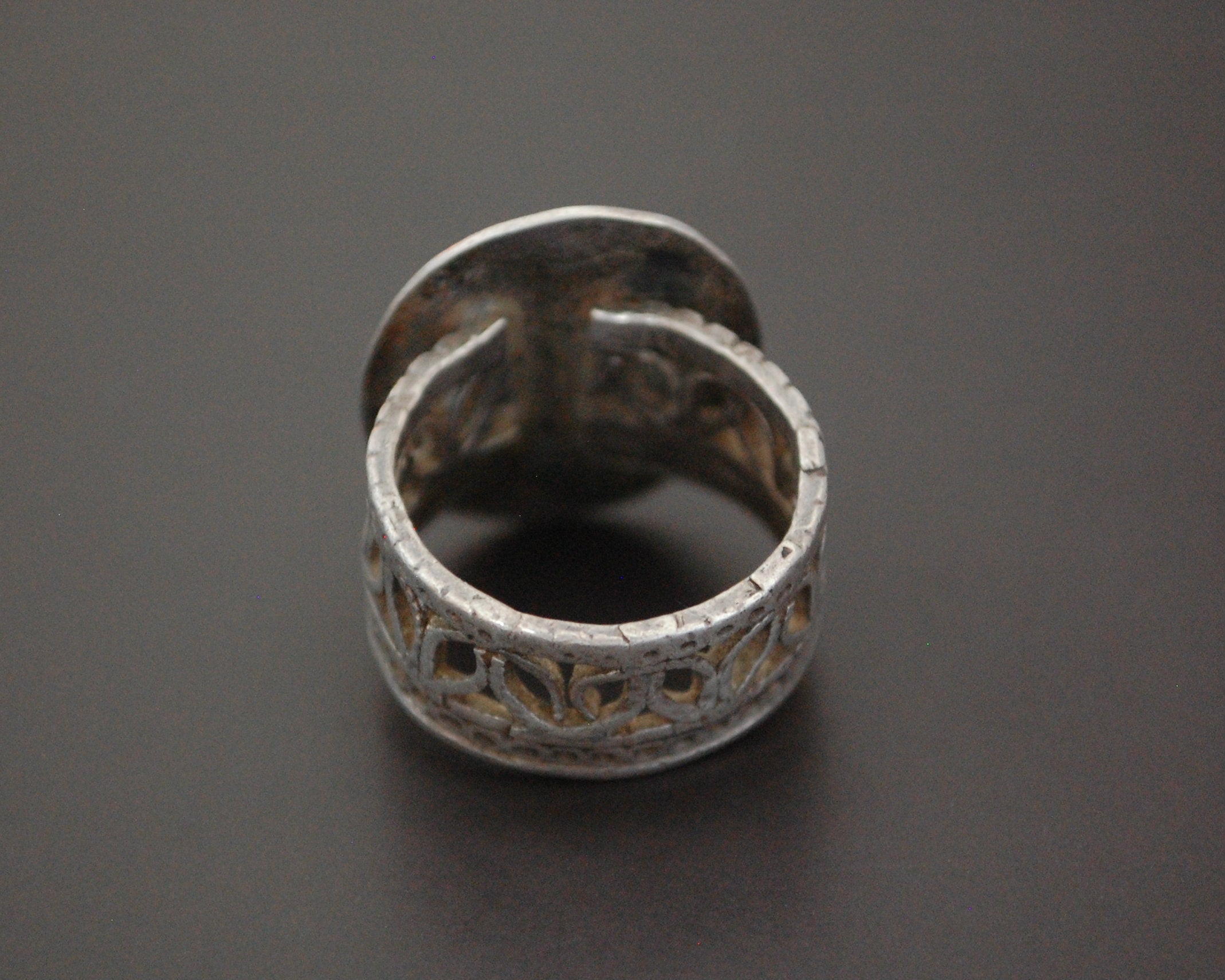 Afghani Silver Ring with Red Glass and Ornate Band - Size 7.5
