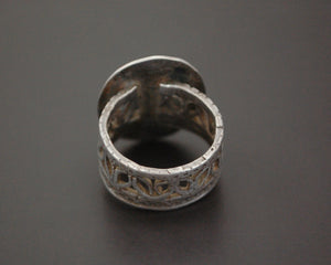 Afghani Silver Ring with Red Glass and Ornate Band - Size 7.5