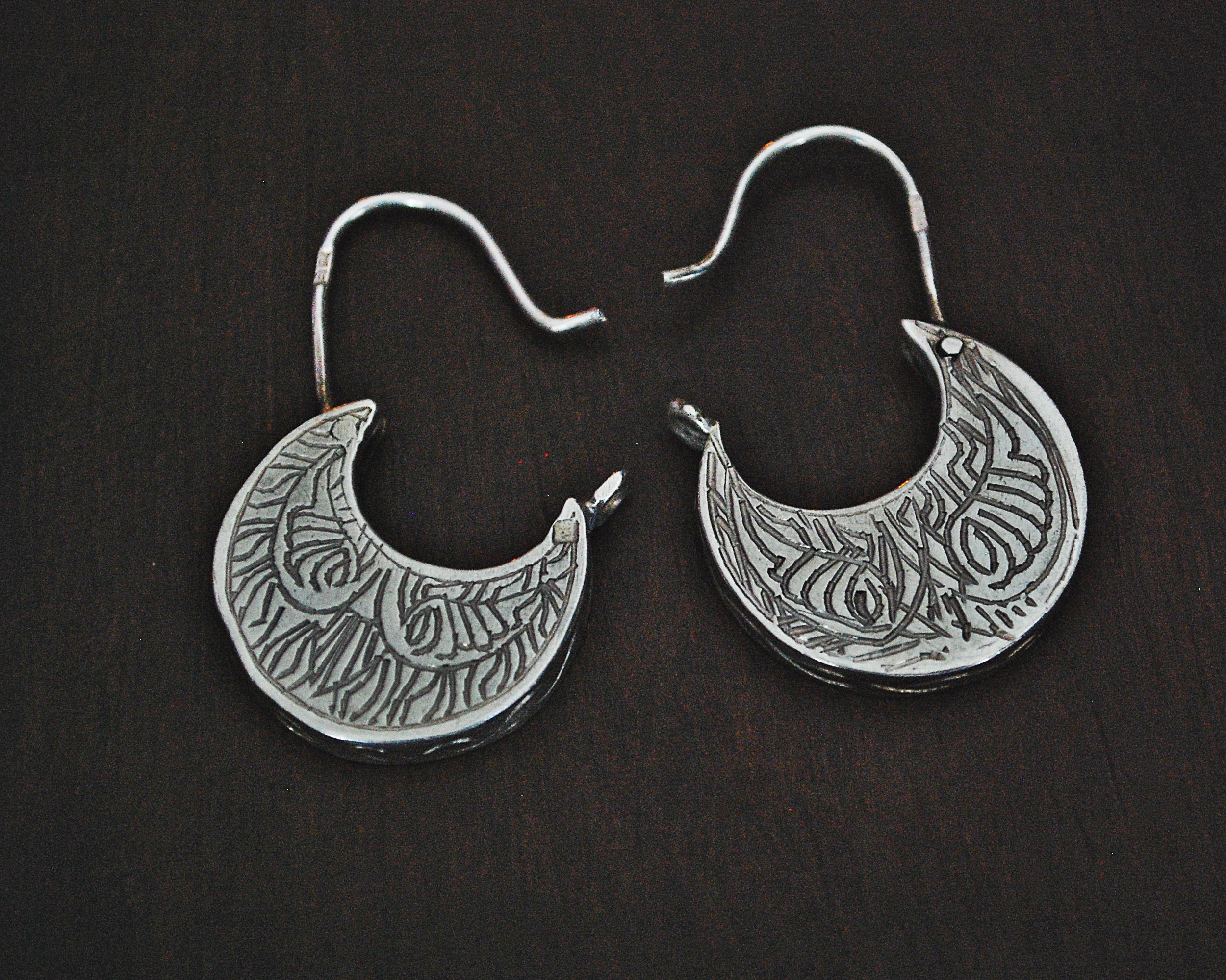 Ethnic Sterling Silver Carved Hoop Earrings
