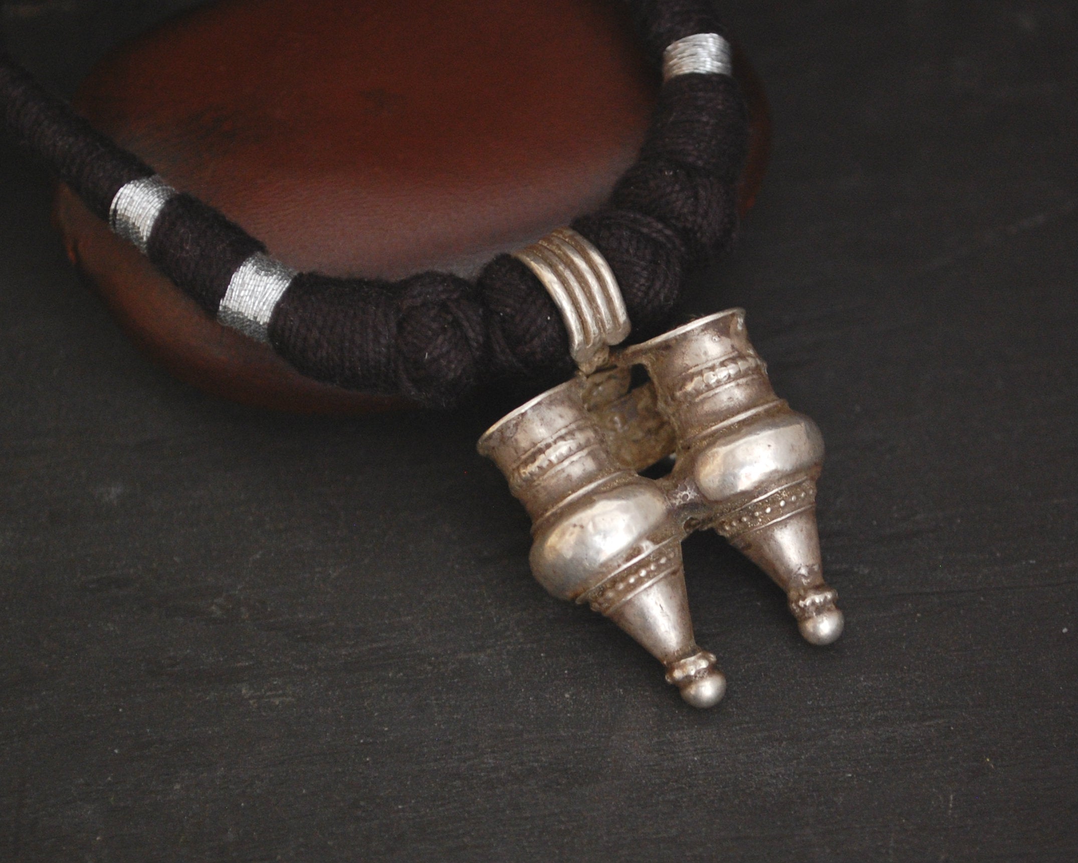 Tribal Gujarati Silver Necklace on Cotton Cord