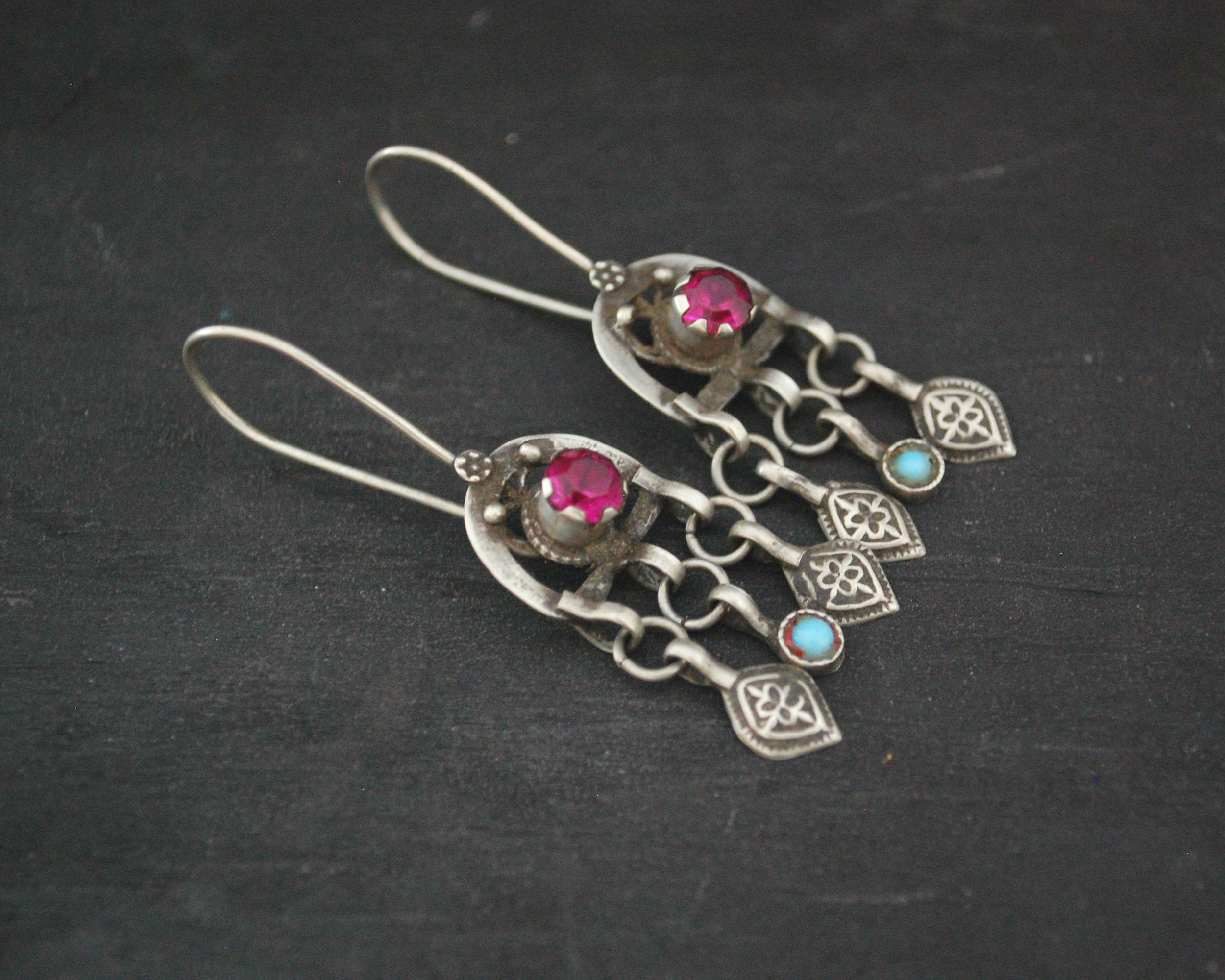 Afghani Earrings with Turquoise and Pink Glass