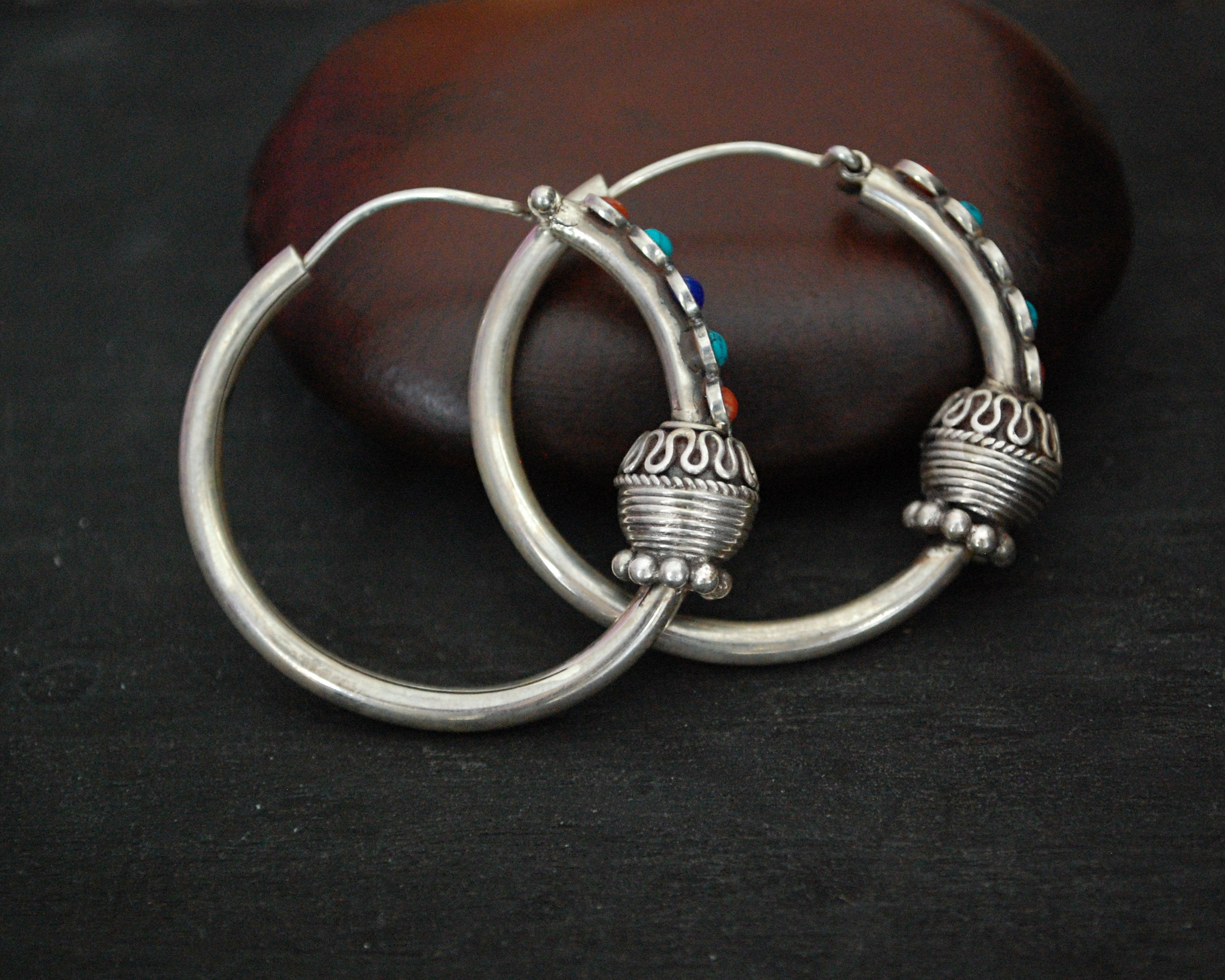 Ethnic Hoop Earrings with Turquoise, Coral, Lapis Lazuli