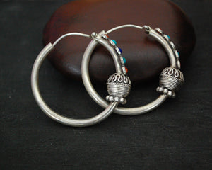 Ethnic Hoop Earrings with Turquoise, Coral, Lapis Lazuli
