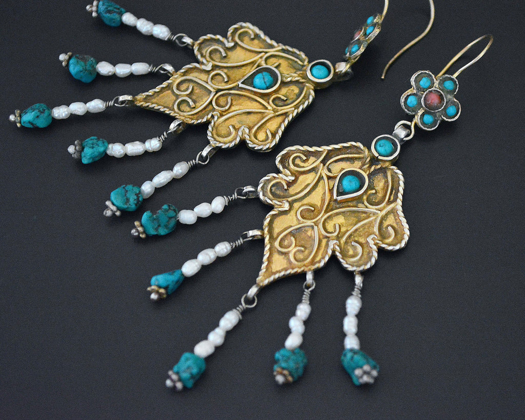 Long Gilded Uzbek Turquoise Pearl Earrings