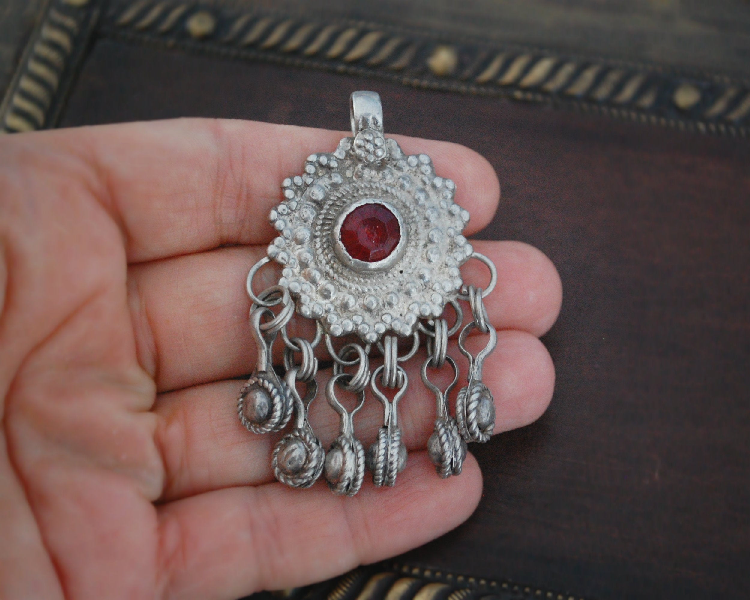 Afghani Silver Pendant with Red Glass and Bells