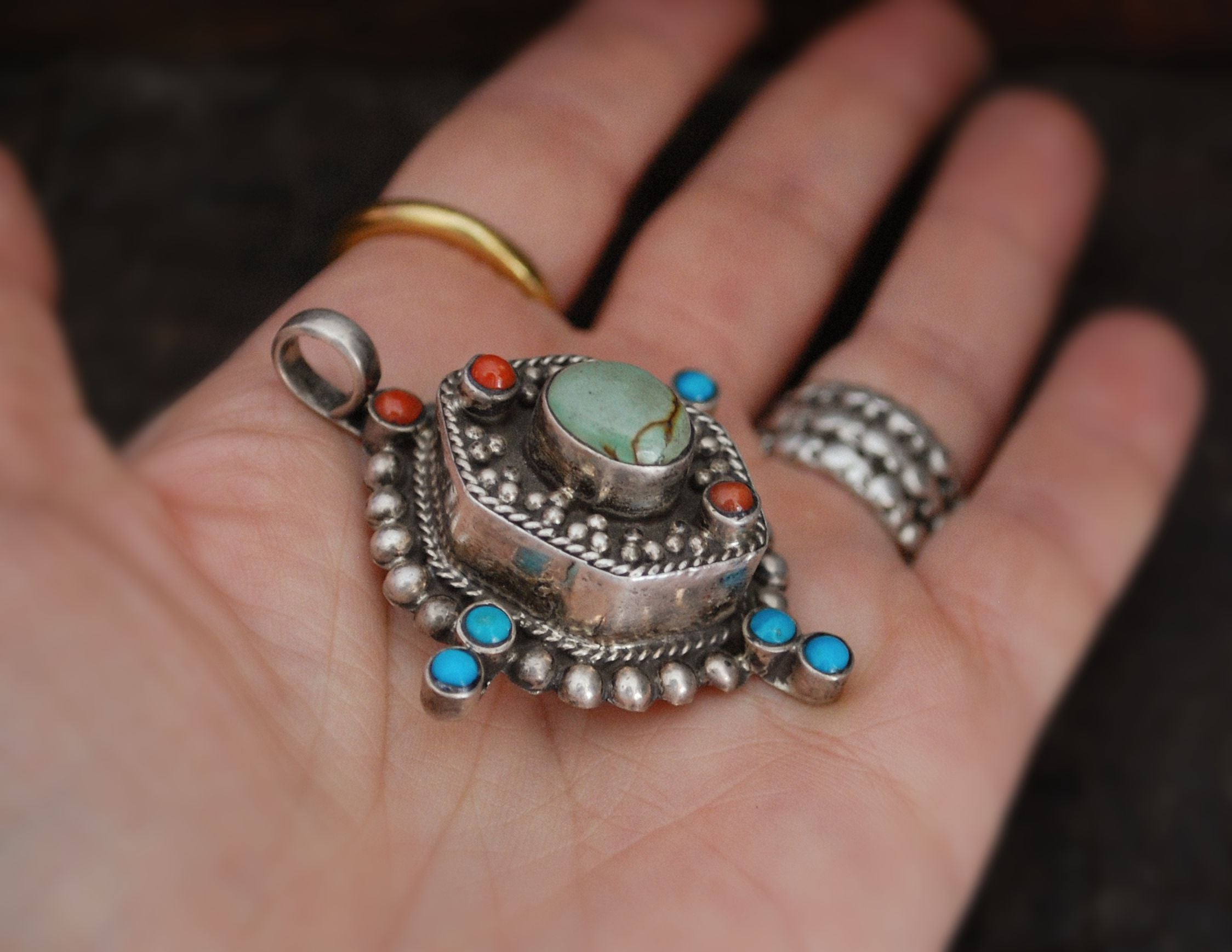 Bold Nepali Turquoise Coral Pendant