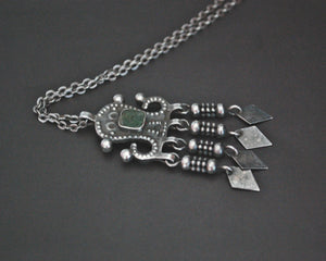 Ethnic Pendant with Tassels on Silver Chain - Green Stone