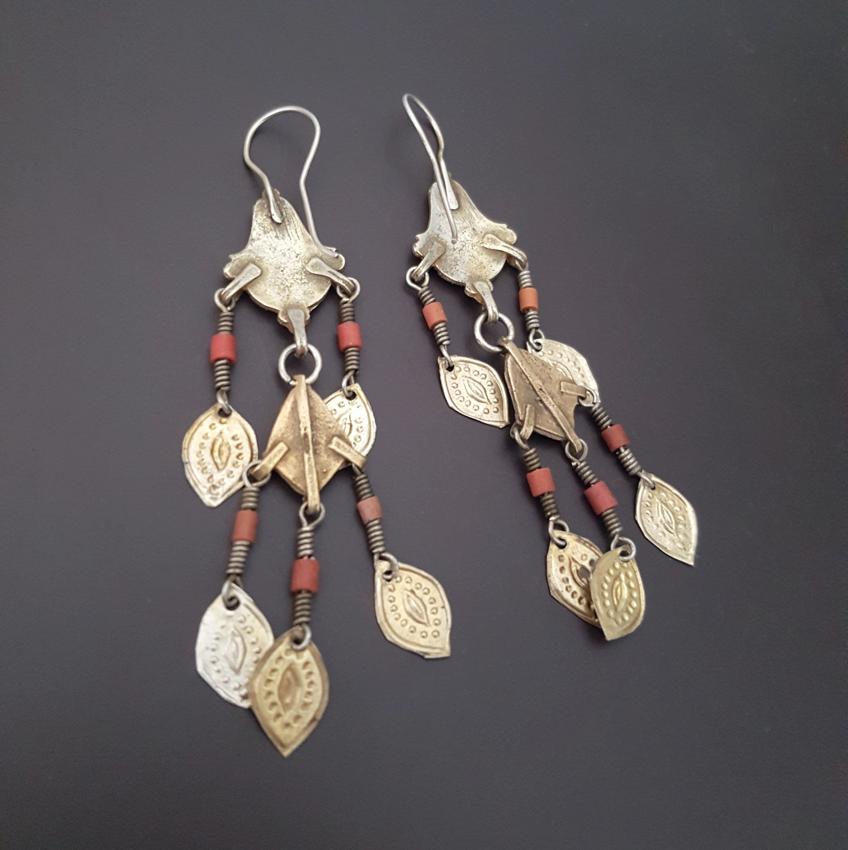Gilded Uzbek Coral Turquoise Earrings with Enamel