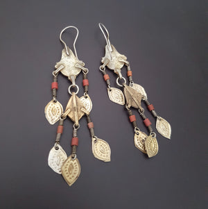 Gilded Uzbek Coral Turquoise Earrings with Enamel