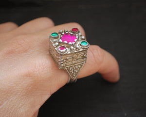 Pashtun Silver Ring with Red Glass - Size 9