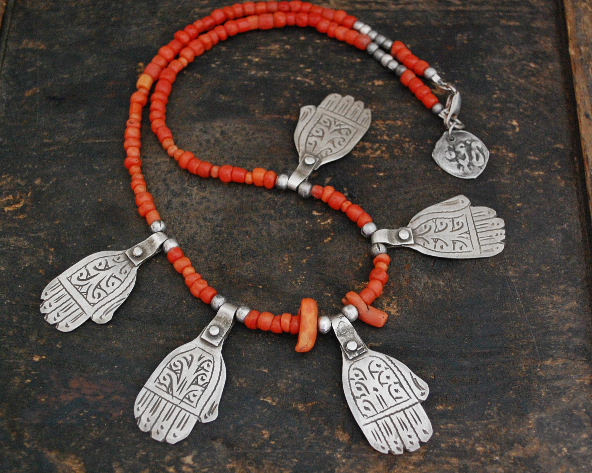 Berber Hamsa Coral Necklace with Silver Beads and Coin