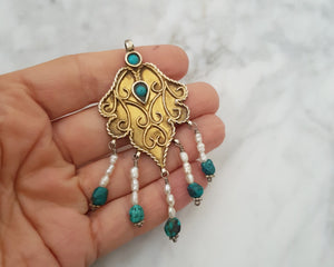 Gilded Uzbek Turquoise Pearl Pendant
