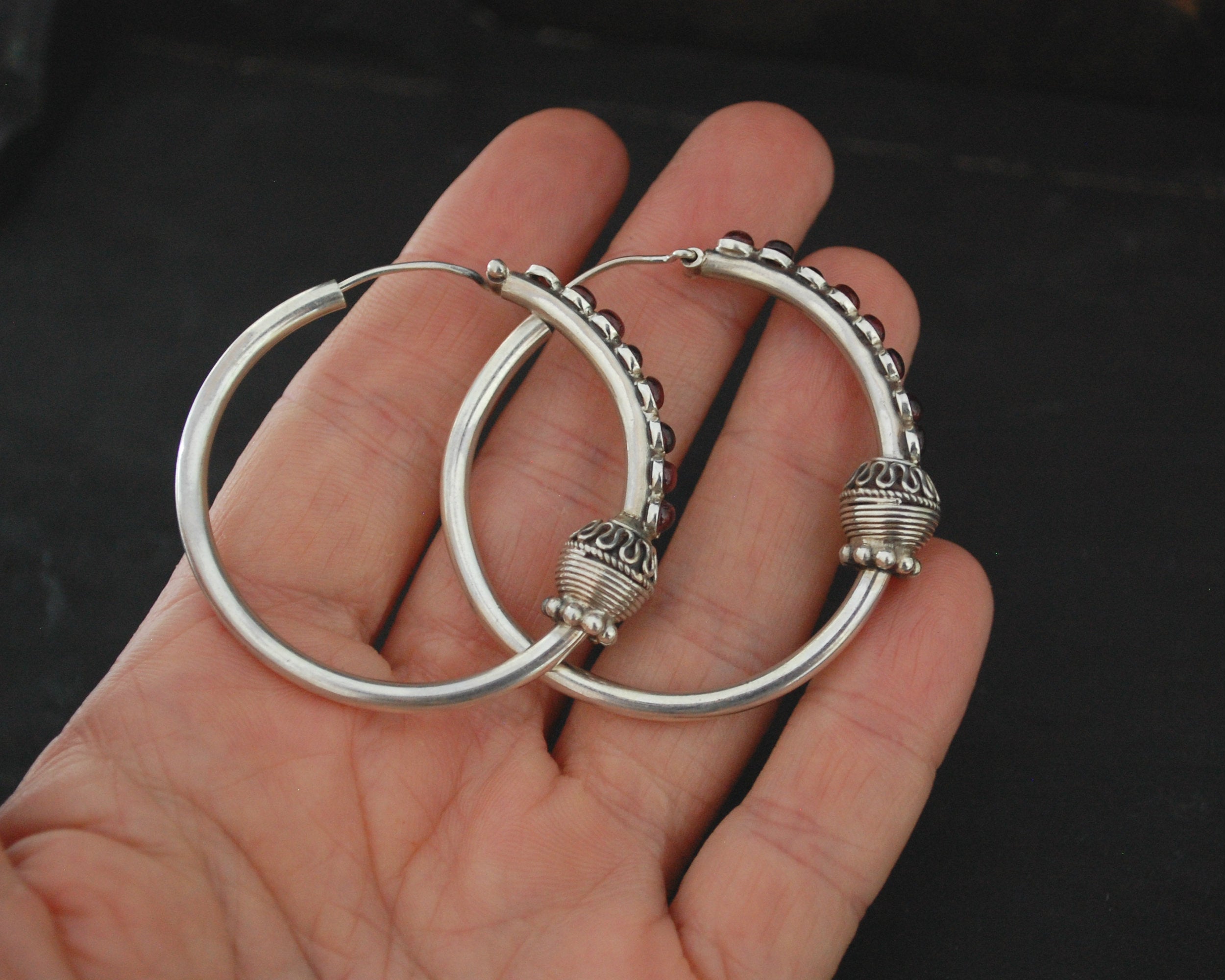 Ethnic Hoop Earrings with Garnet - LARGE