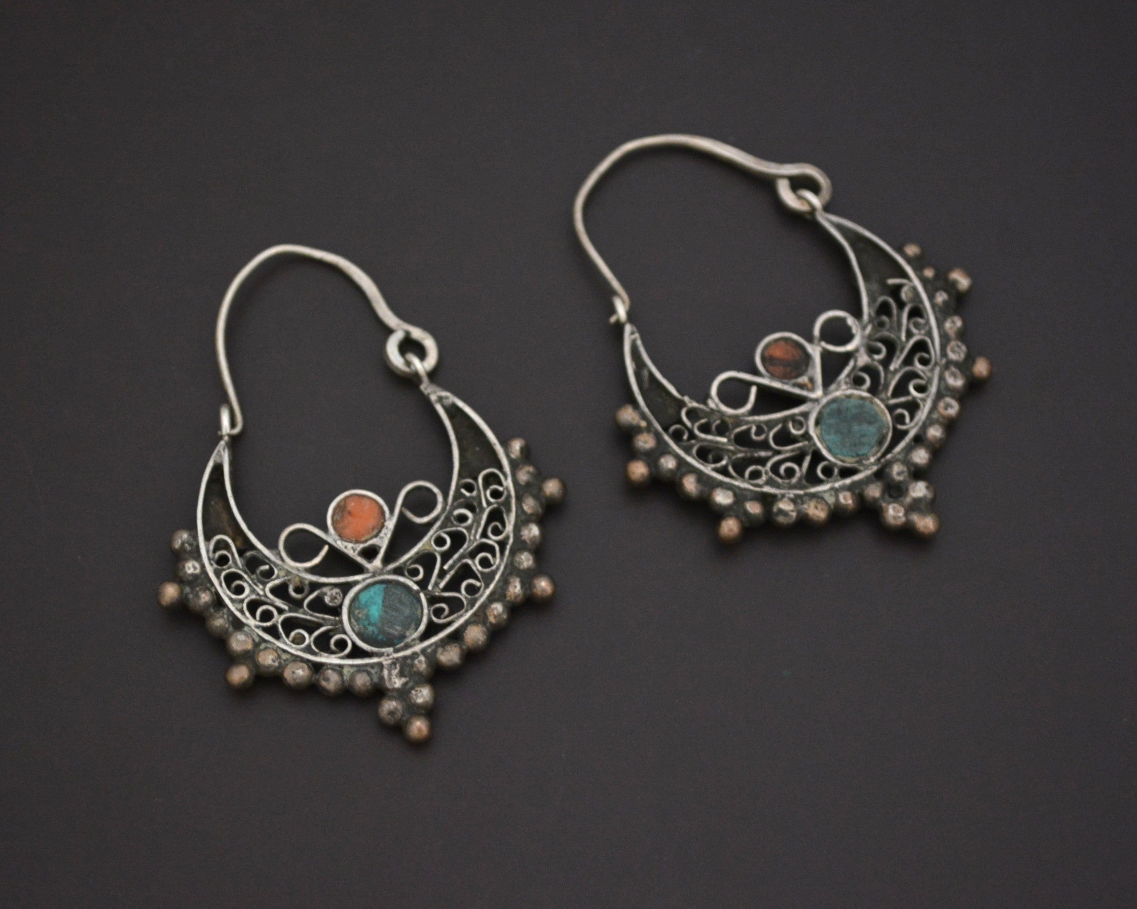 Afghani Hoop Earrings with Turquoise and Coral