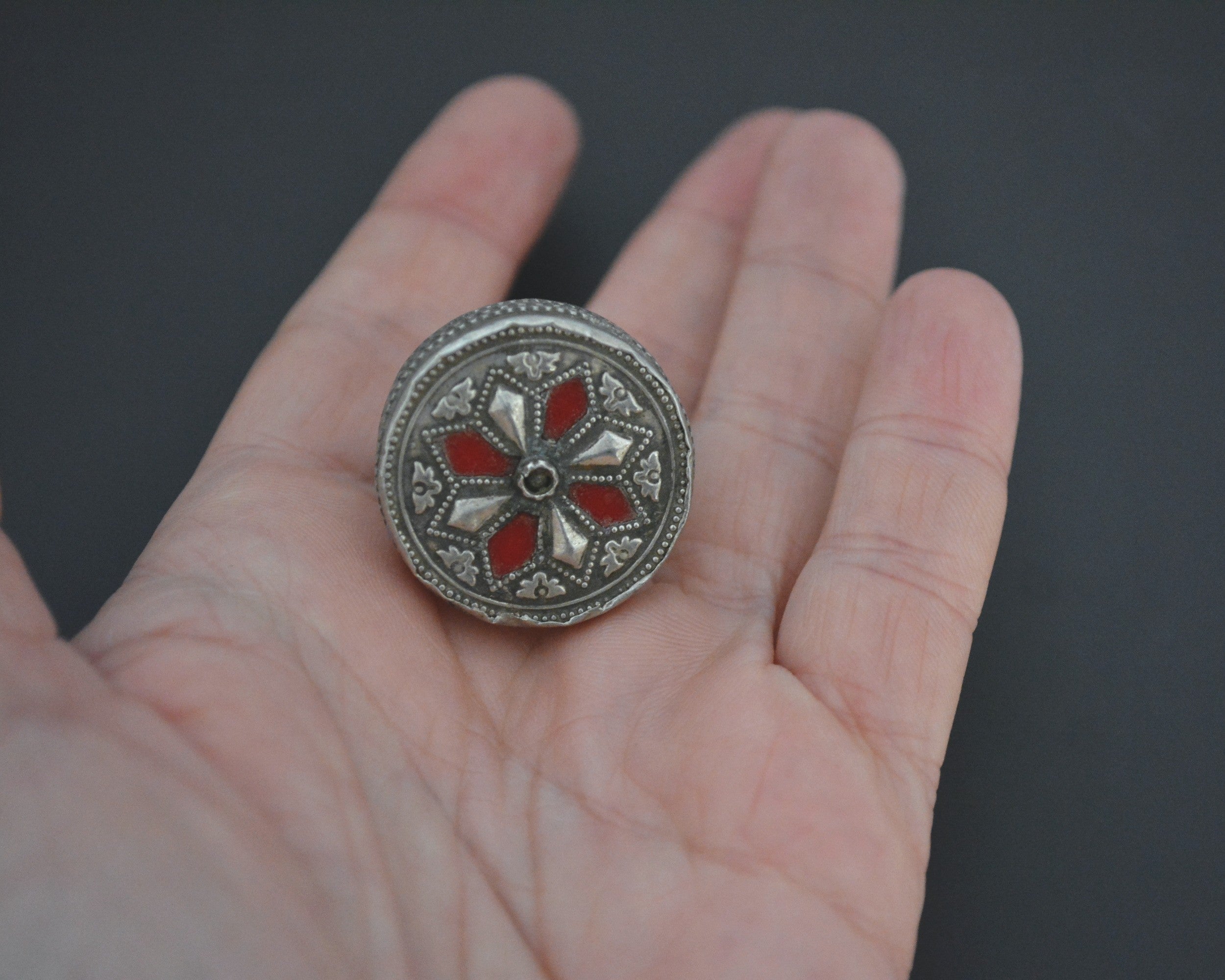 Afghani Silver Ring with Red Glass - Size 8
