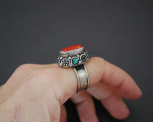 Tibetan Coral Turquoise Ring - Size 7.5