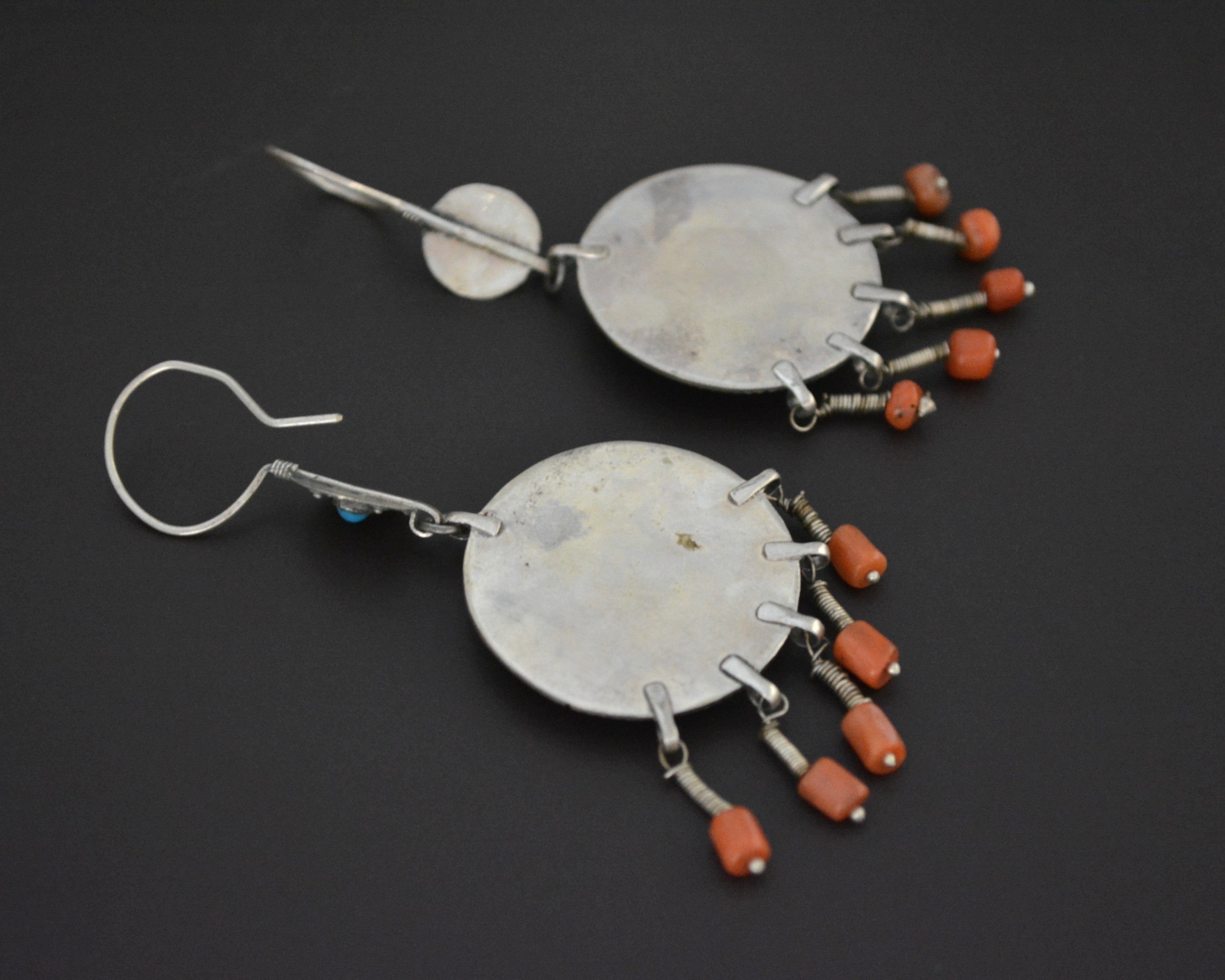 Turkmen Earrings with Carnelian, Turquoise and Coral