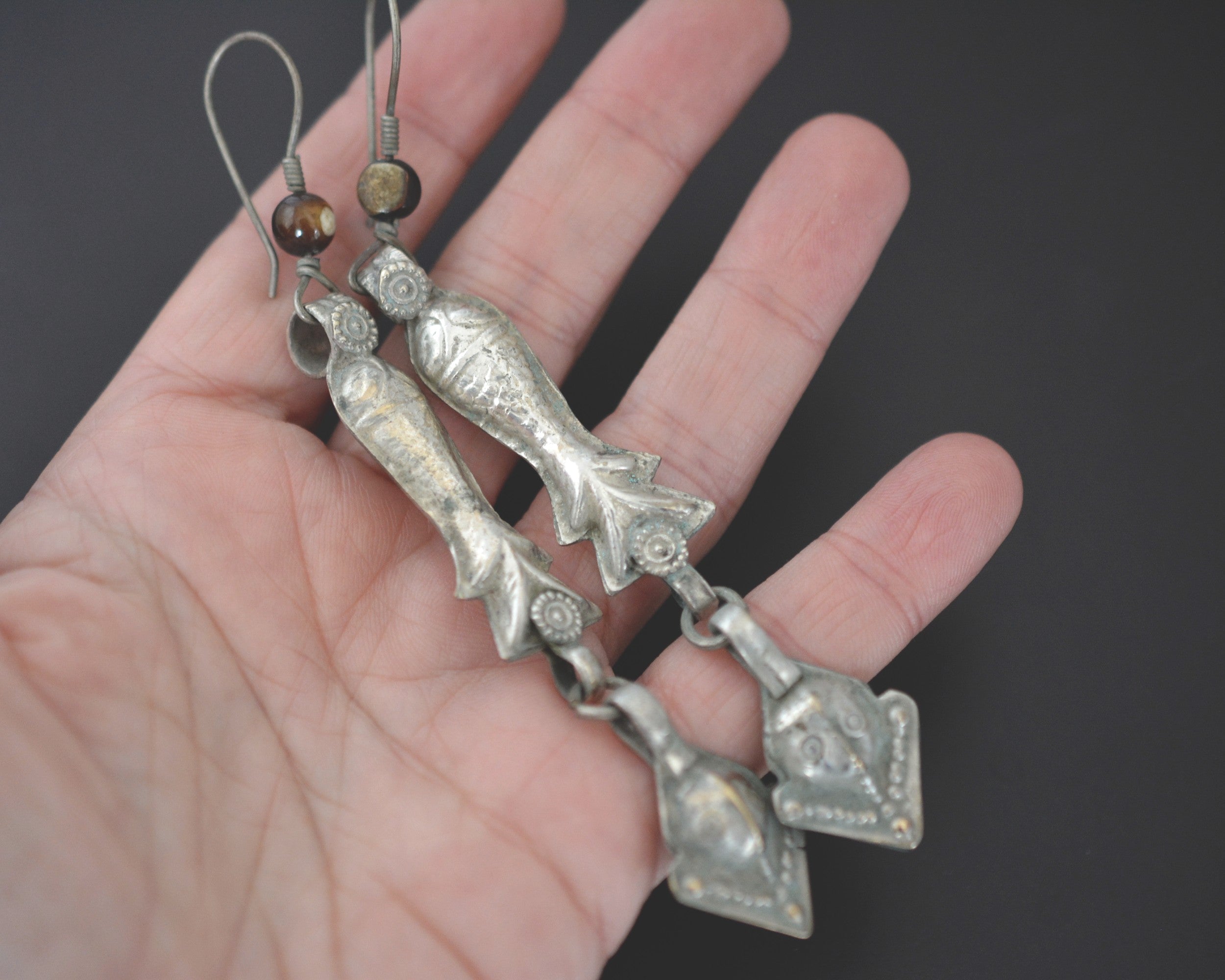 Long Afghani Fish Dangle Earrings with Tiger Eye Bead