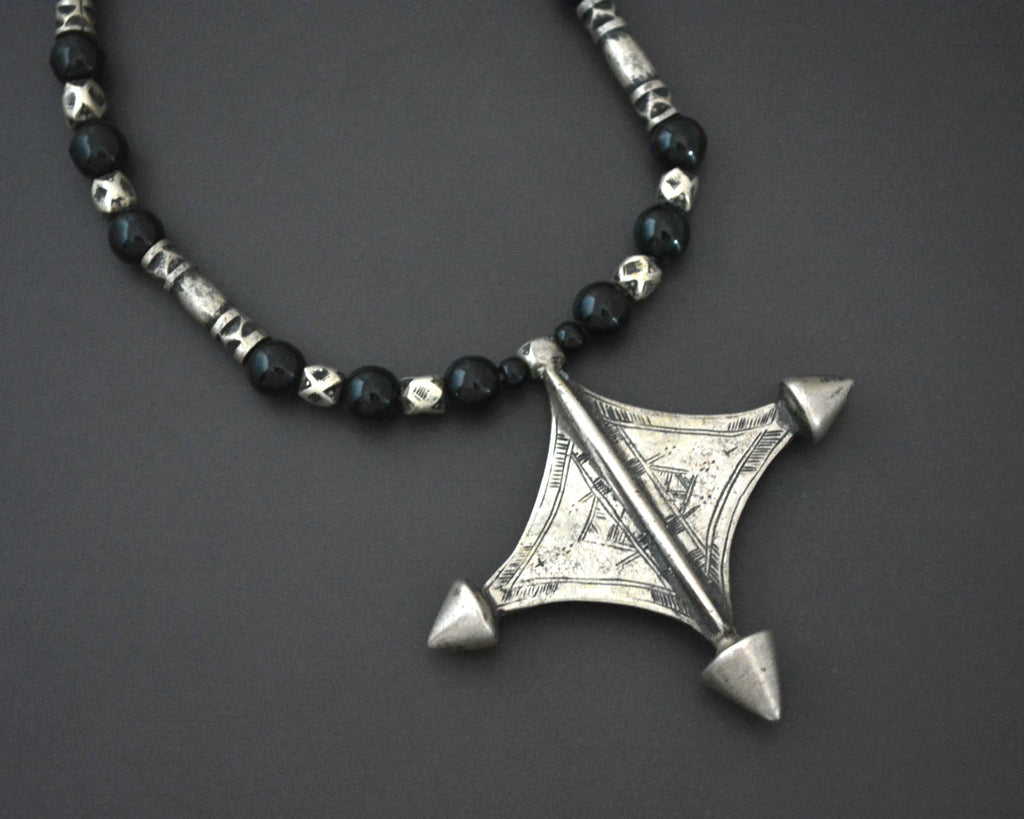 Tuareg Cross Necklace with Glass and Silver Beads