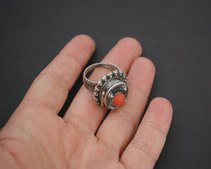 Vintage Coral Filigree Poison Ring - Size 7