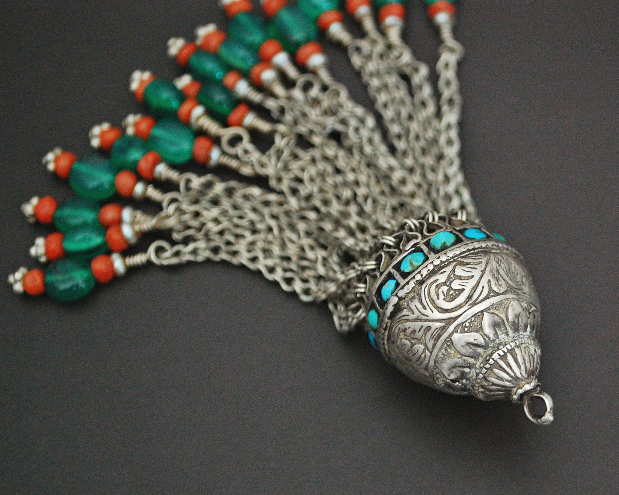Old Uzbek Turquoise and Coral Tassel Pendant