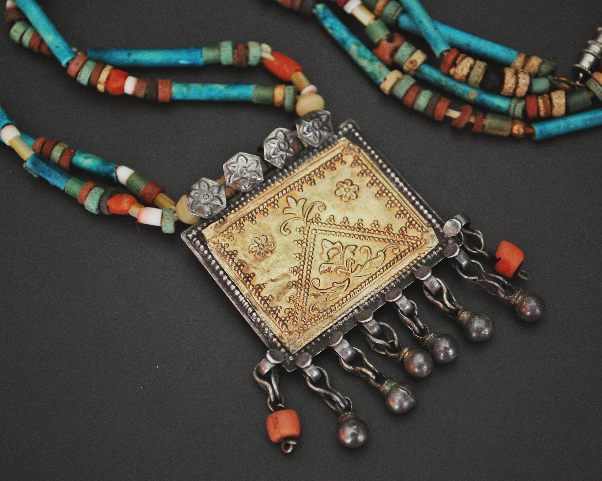 Antique Afghani Pendant and Faience Beads Necklace
