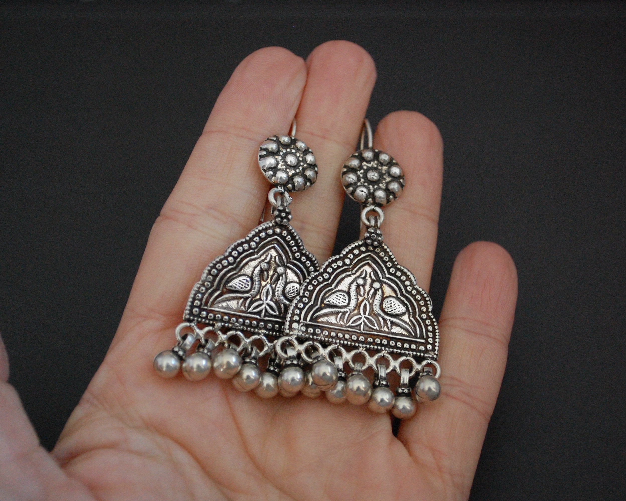 Rajasthani Sterling Silver Peacock Earrings with Bells
