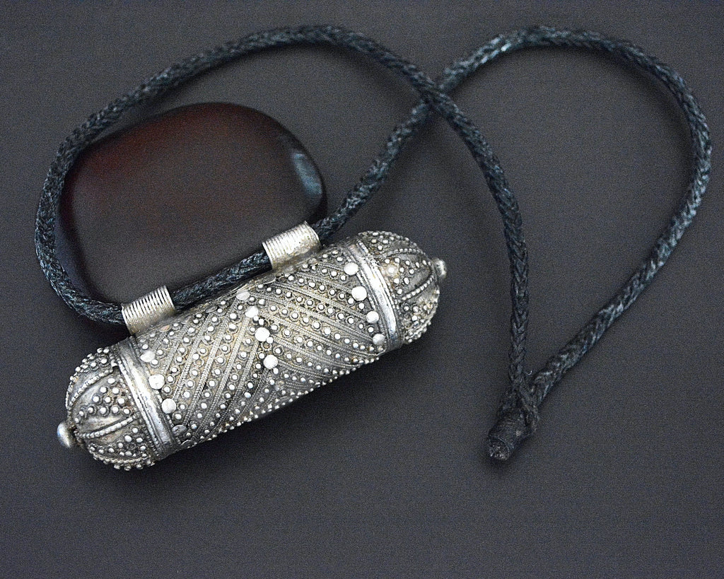 Large Yemeni Silver Hirz Pendant on Cord - Signed