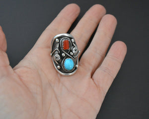 Native American Navajo Coral Turquoise Ring - Size 8.5
