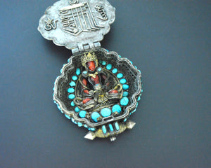 Openable Buddha Amitabha Tibetan Gau Box with Coral, Turquoise and Ruby