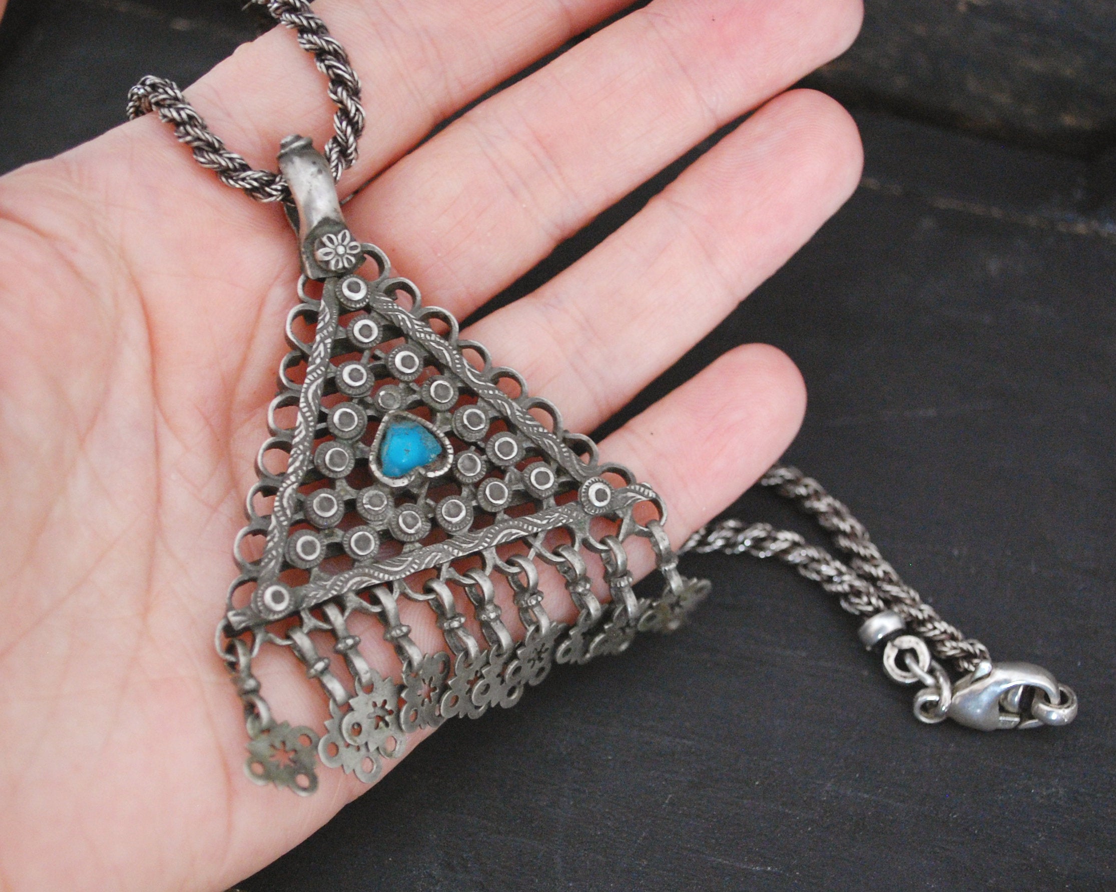 Antique Afghani Silver Turquoise Pendant on Woven Chain