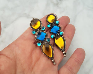 Rajasthani Earrings with Blue and Orange Glass