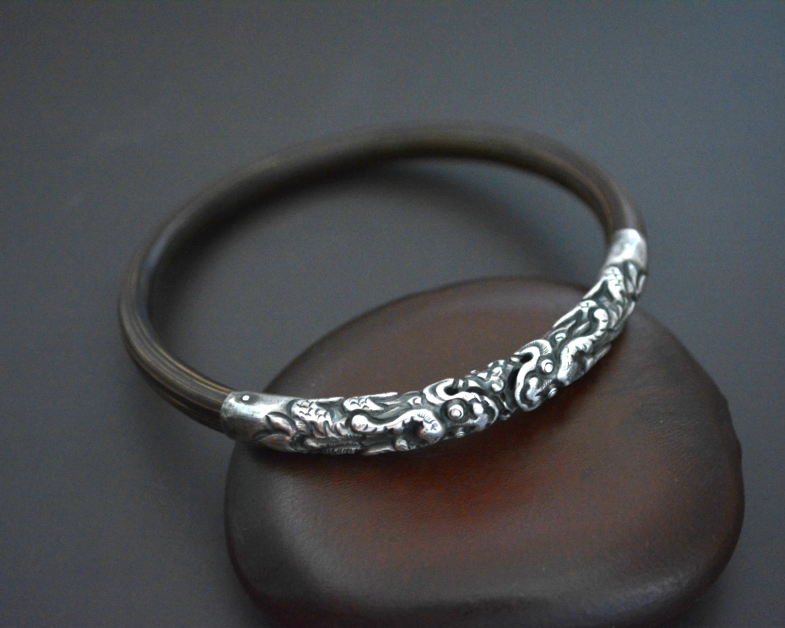 Chinese Bamboo Bracelet with Silver Repoussee Dragon